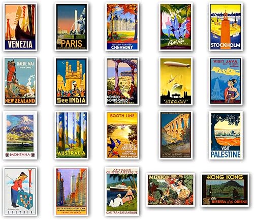 Miniatura 1 de Juego de 20 pósteres de viaje vintage que representan los carteles originales de los años 1920 a 1940. Paquete variado de postales reimpresas.