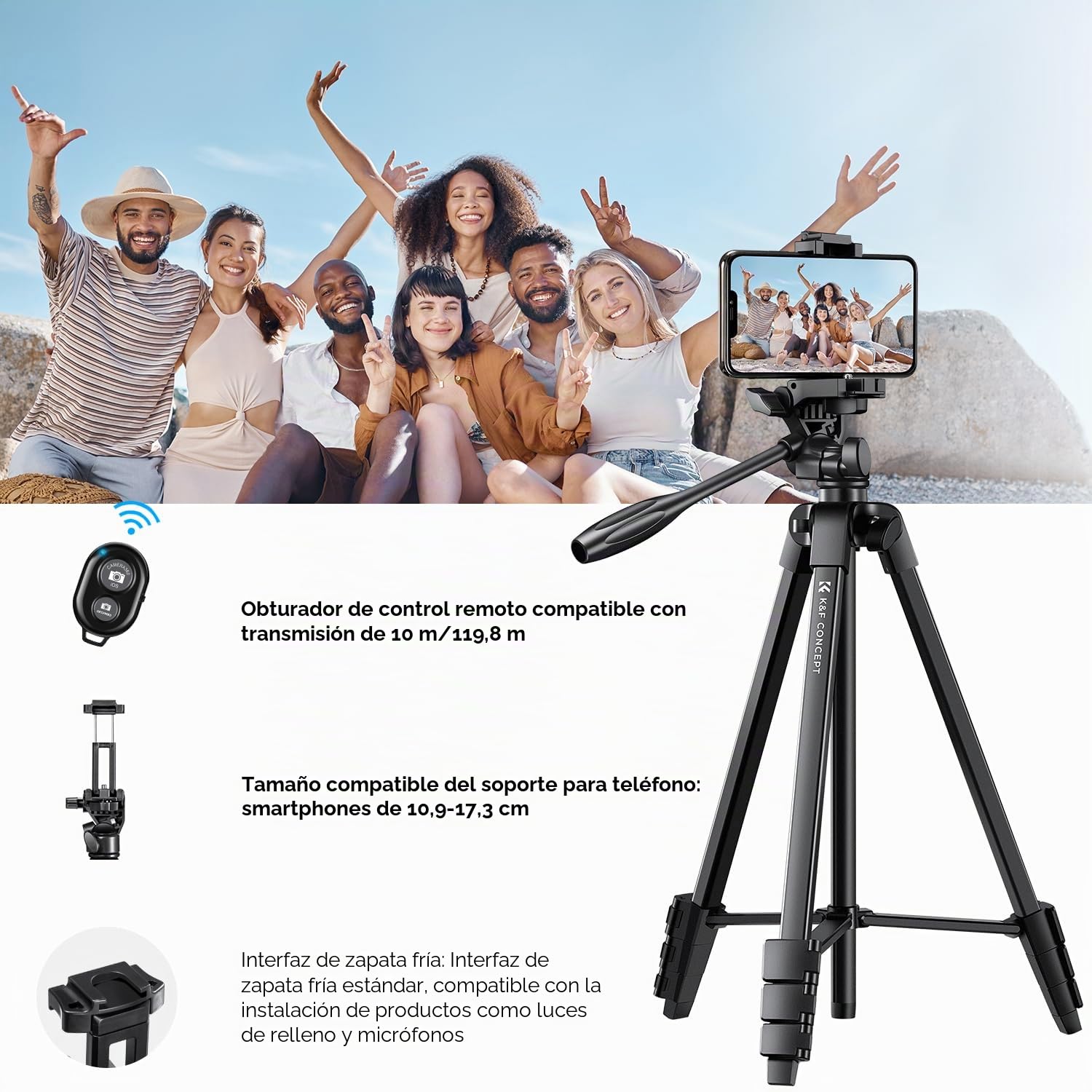K&F CONCEPT Tripode Proyector, Trípode para Móvil 152cm Compatible con DSLR Canon Nikon Sony, Smartphone con Soporte para Móvil, Trípode de Viaje de Aluminio con Mando a Distancia Bluetooth | Soporte ultraligero de 0.6 kg, control remoto y teléfono celula
