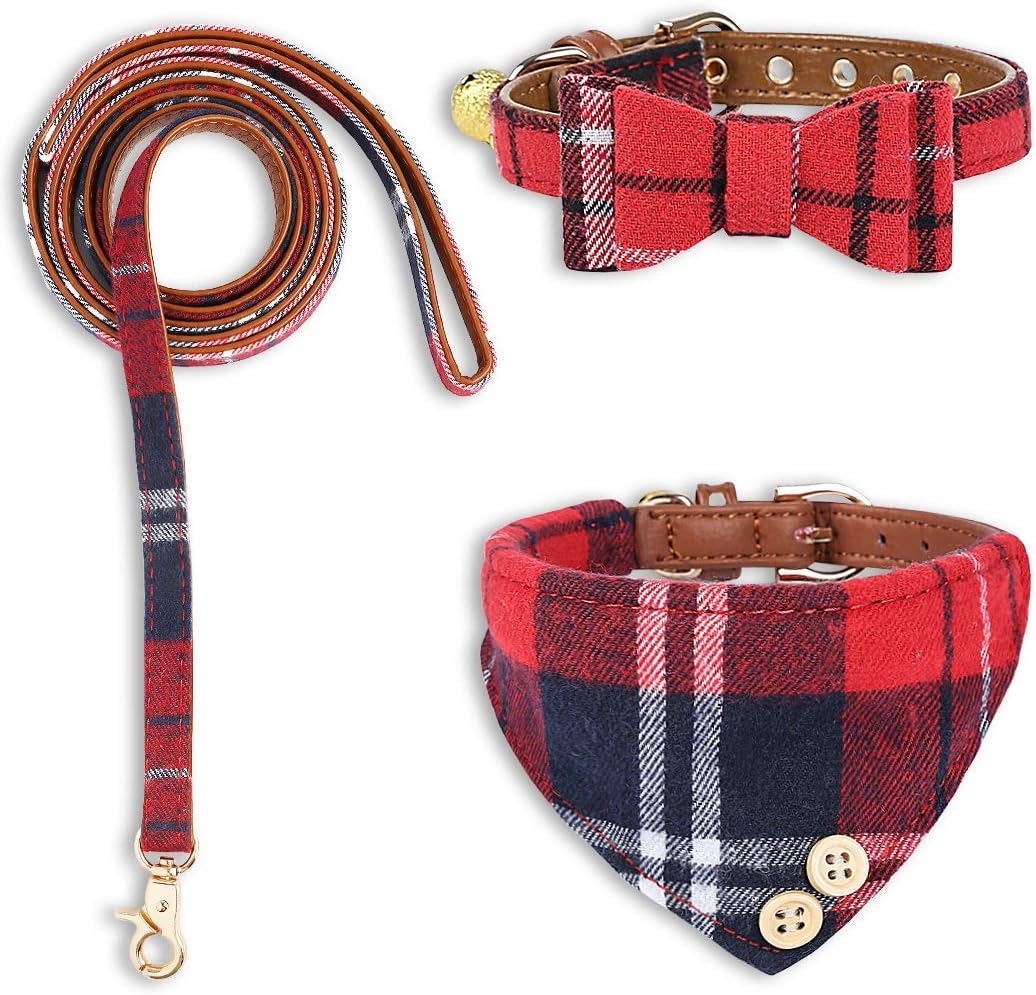 Bow Tie Dog Collar and Leash Set Classic Plaid Adjustable Dogs Bandana and Collars for Puppy Small Dogs and Cats (S)