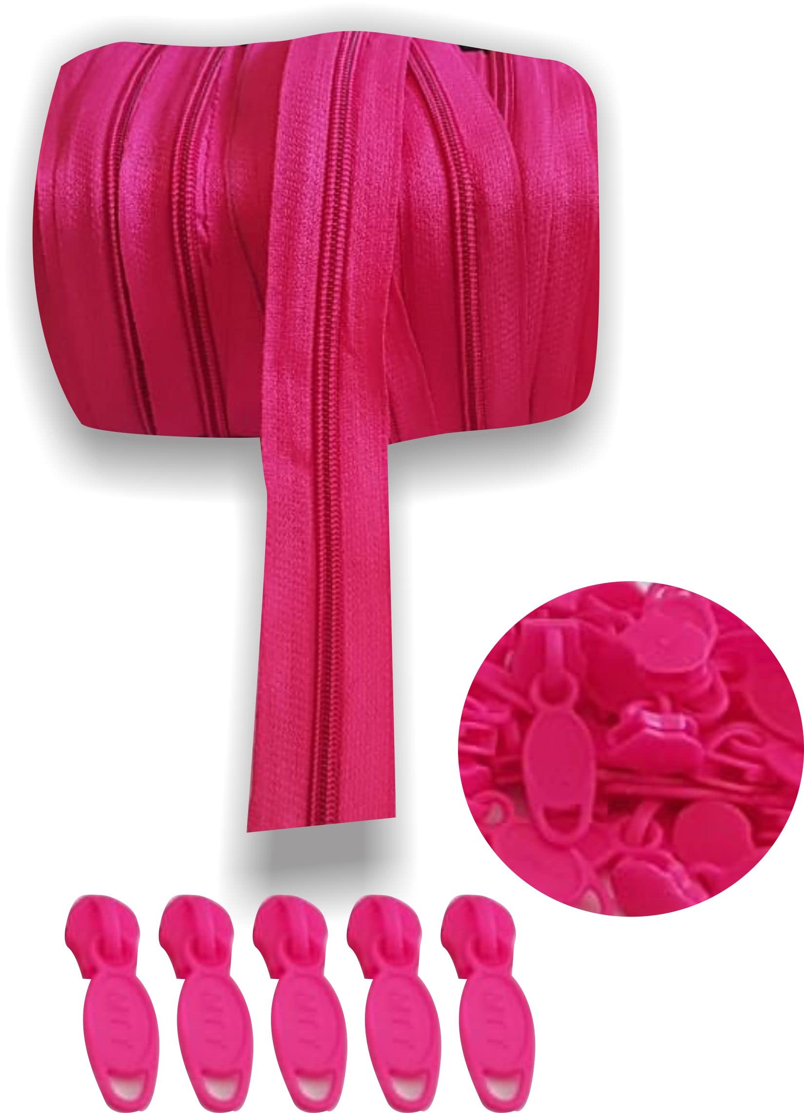 SoftSwiss Zipper Roll # 5, 10 Meter (Rani), with 50 Zip Puller (Kunda) for Tailoring/Stitching/Sewing/Craft/Fashion Designing (10 Meter, Rani)