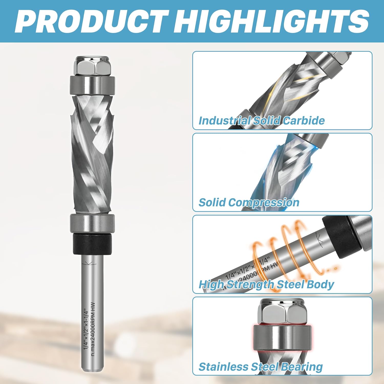 KEENTECH Double Bearing Spiral Compression Flush Trim Router Bit, 1/4" Shank, 1/2" Cutting Dia x 1-1/4" Cutting Length, Top & Bottom Bearing