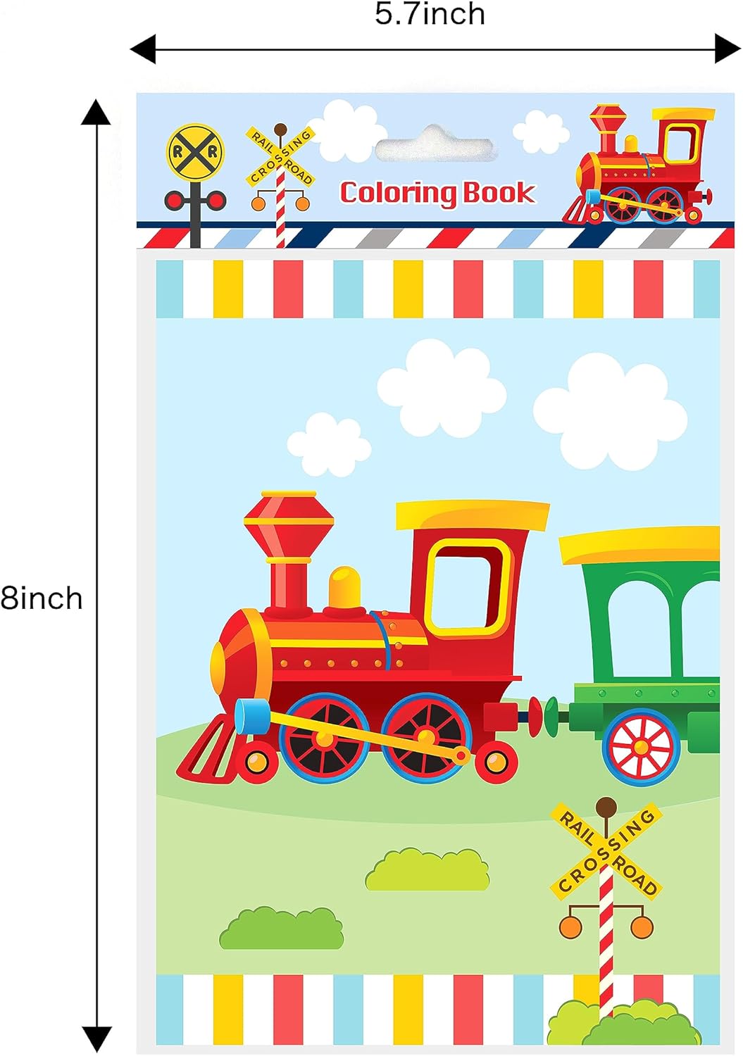 TINYMILLS Train Birthday Party Assortment Favor Set of 108 pcs (12 Large Party Favor Bags with Handles, 24 Stampers, 12 Sticker Sheets, 12 Coloring Books, 48 Crayons)