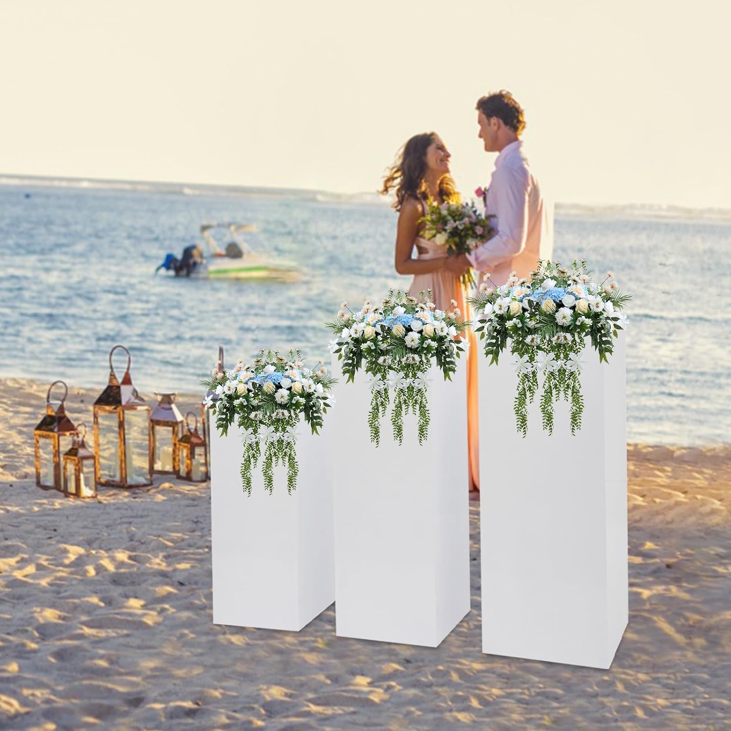 3 Pcs Metal Pedestal Stands for Party, Flower Plant Display Plinth Pillars Heavy Duty White Square Cake Pedestal Stand for Wedding Birthday Event Decor, 39", 35", 27.5" White Pedestals Stand
