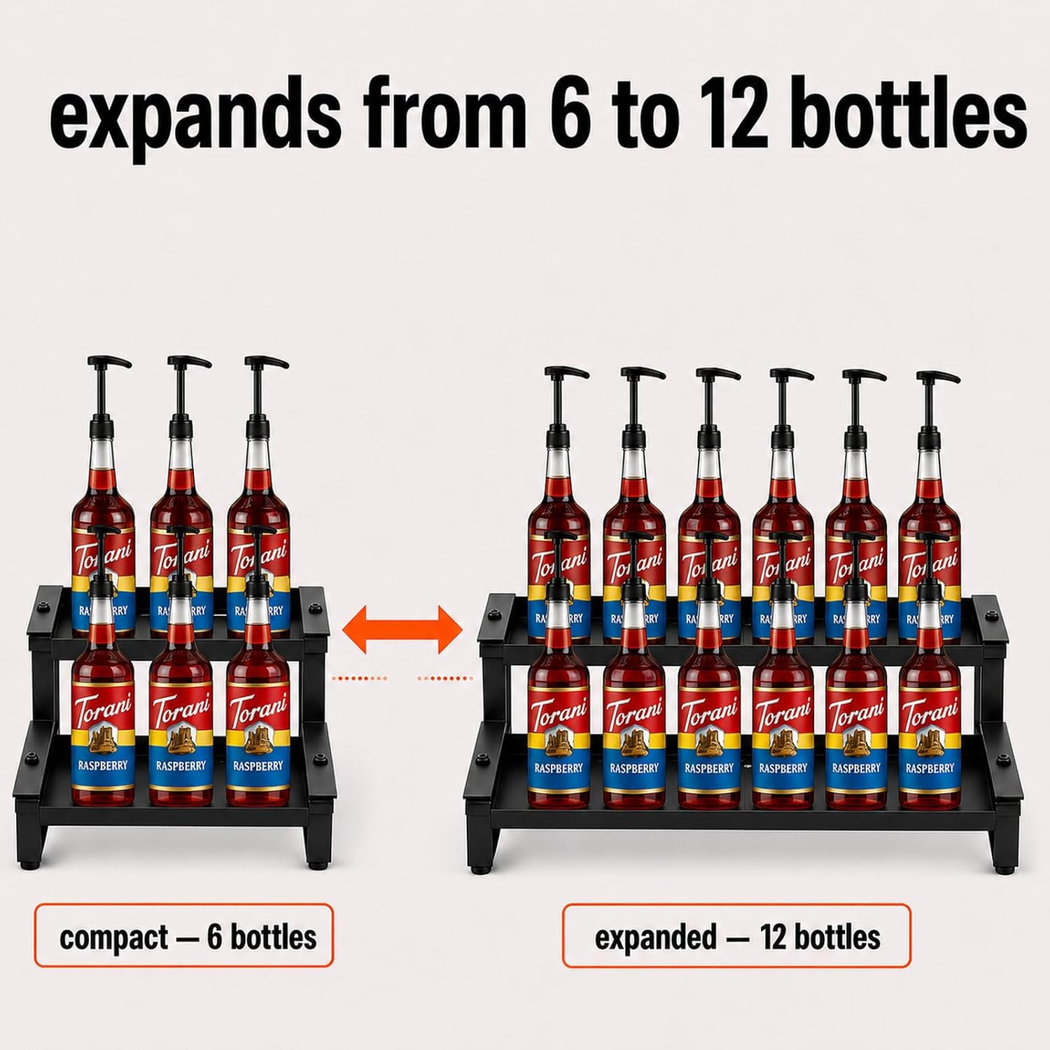 Expandable Coffee Syrup Organizer Rack, 2-Tier, Holds 6-12 Bottles image 4