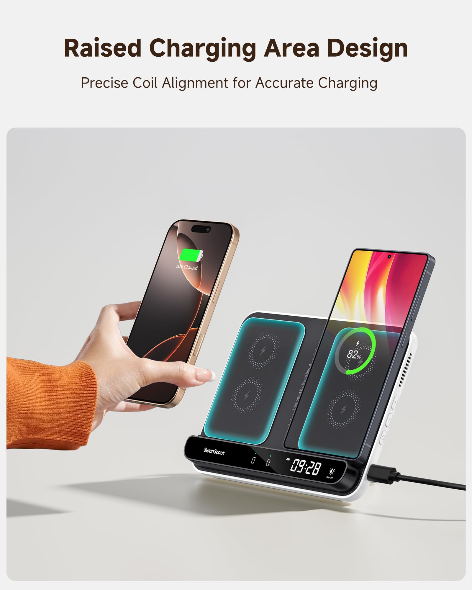 Dual Induktive Ladestation für 2 Handys, Doppel Handy Ladestation für iPhone Air/17 Pro/17 Pro Max/17/16/15/14/13/12/Samsung Galaxy S25/S24/S23/S22/S21/S20, Pixel 9, AirPods/Galaxy Buds, SwanScout 504