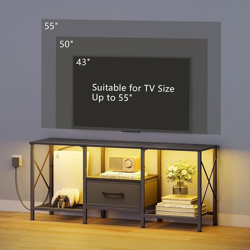 JARHETUN LED TV Stand with Fabric Drawer, Entertainment Center for 50 55 Inch TV, Industrial TV Console Table with Open Storage Shelves for Living Room, Bedroom, Black image 2