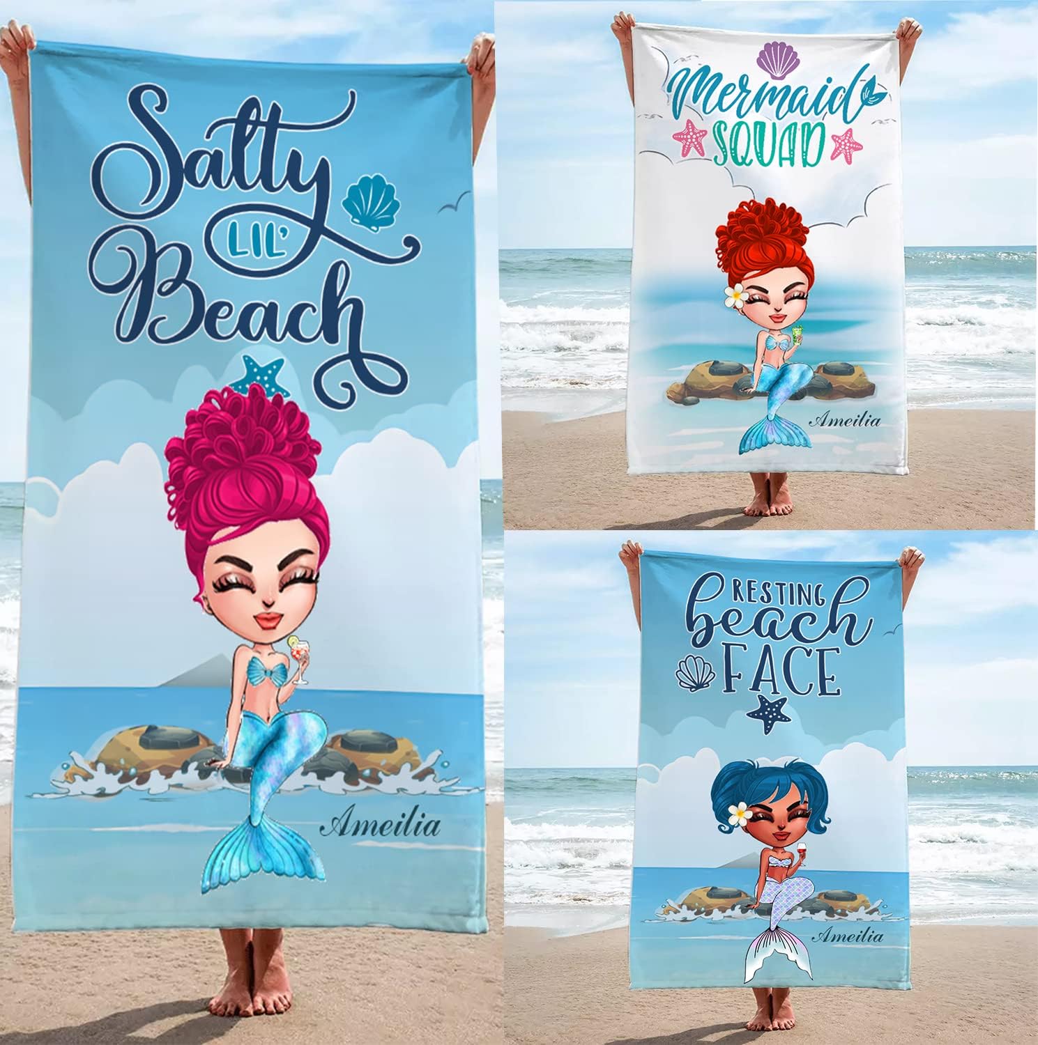 Personalized Mermaid Chibi Beach Towels with Name for Girls
