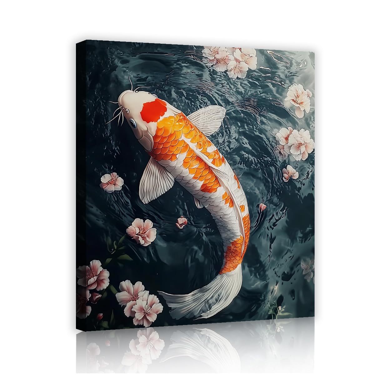 Via Vela Koi Fish Wall Art Chinese Japanese Style Canvas Print Pink Cherry Blossom Pond Carp Painting Zen Feng Shui Decor for Living Room Sofa 70x105cm