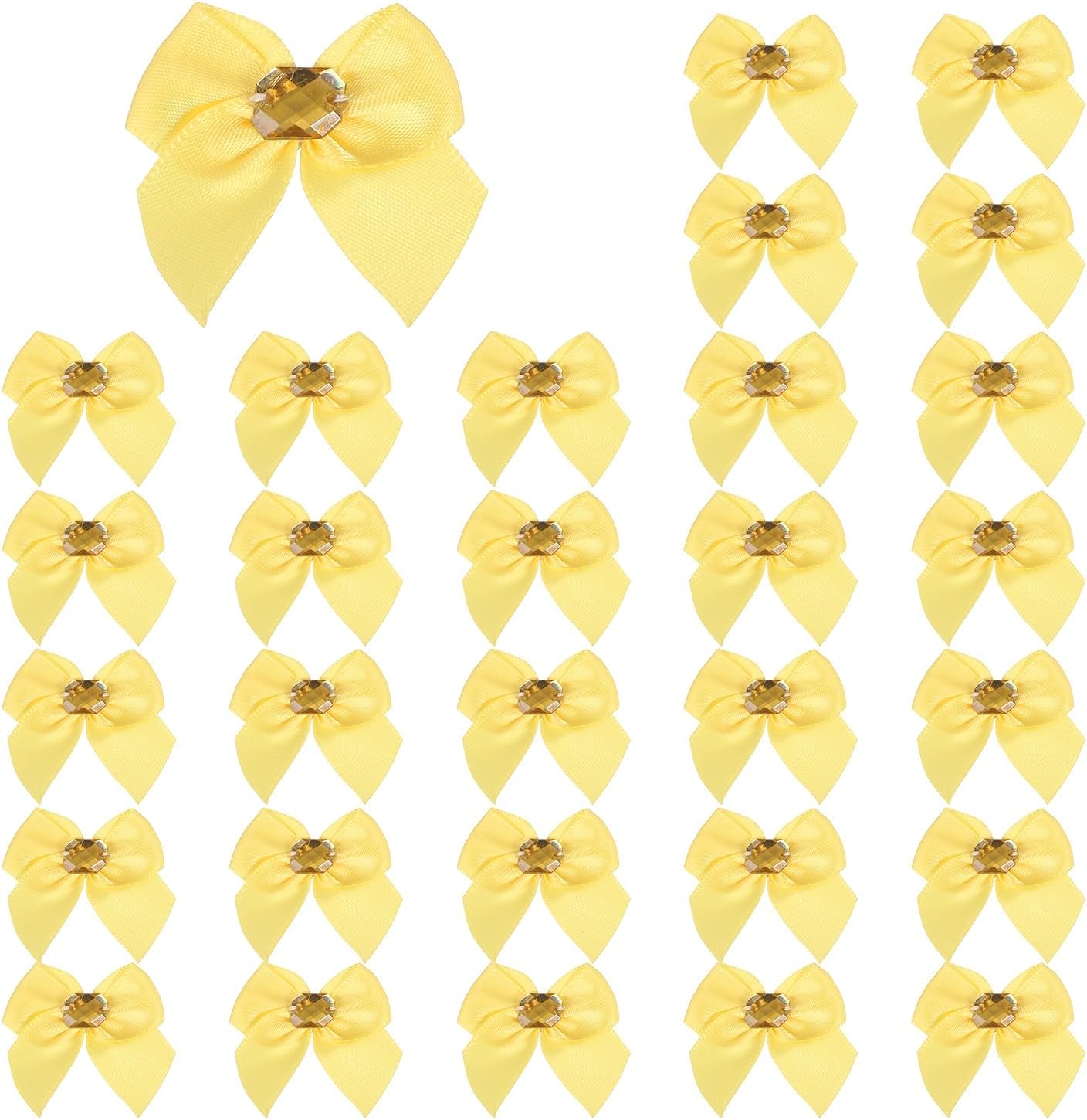 uxcell 100Pcs Mini Satin Ribbon Bows with Rhinestones,1.38inch Mini Ribbon Flowers Appliques for DIY Christmas Wedding Decor Party Hair Sewing Candy Bags Scrapbooking Gift, Yellow