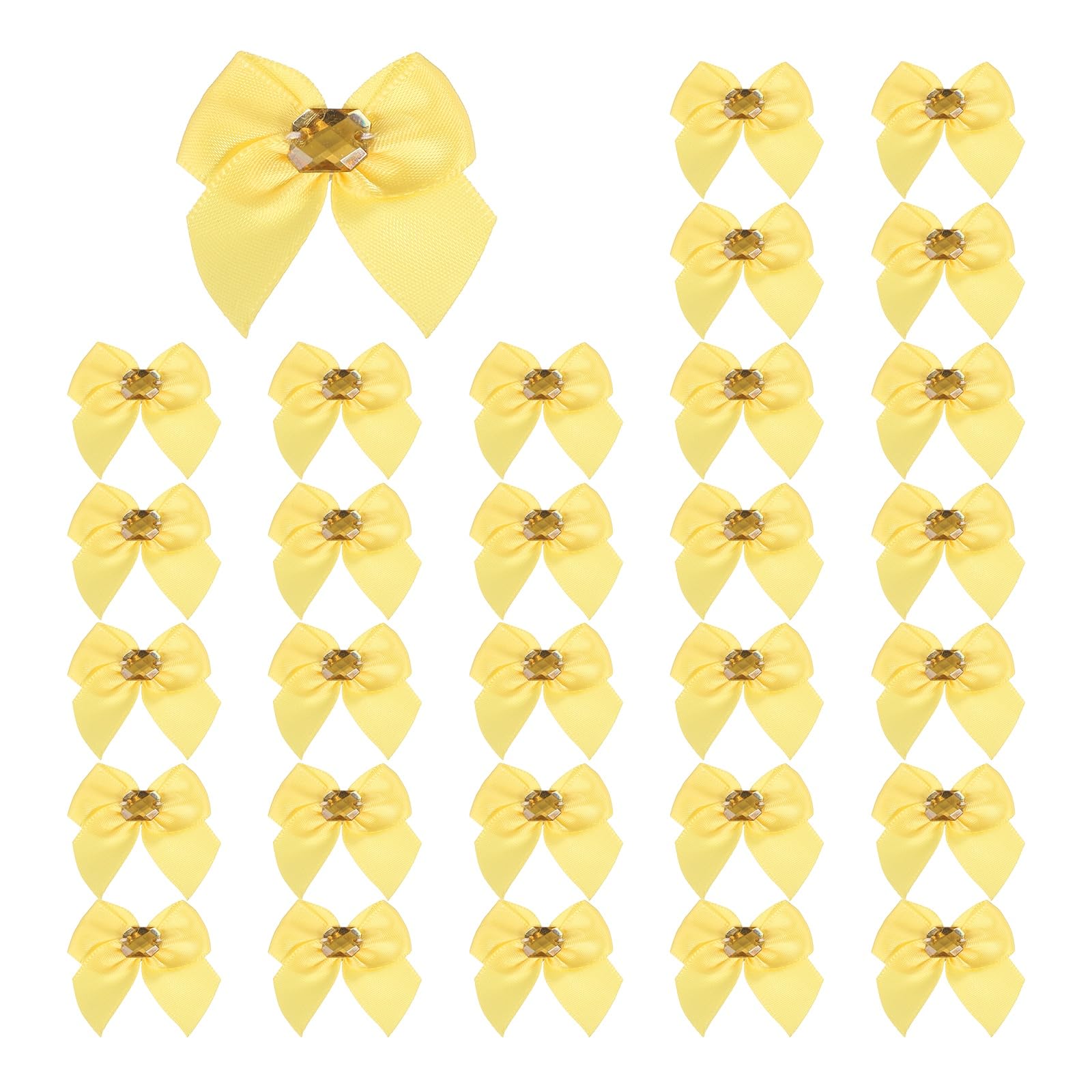 sourcing map 100Pcs Mini Satin Ribbon Bows with Rhinestones,1.38inch Mini Ribbon Flowers Appliques for DIY Christmas Wedding Decor Party Hair Sewing Candy Bags Scrapbooking Gift, Yellow