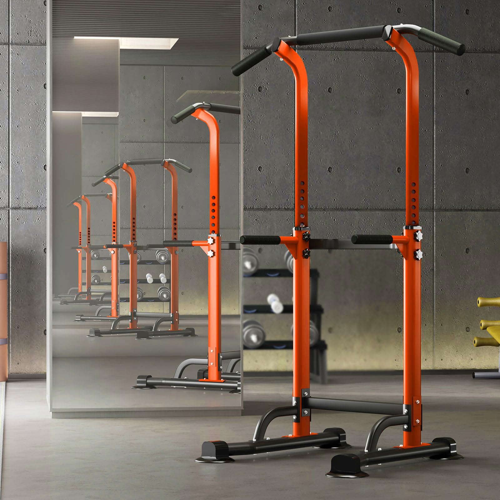 DlandHome - Silla romana con musculación, ajustable, dips, tracción, barra de tracción en pie, tracción en la torre estación de tracciones dips abdominales, reposabrazos, fitness, color naranja