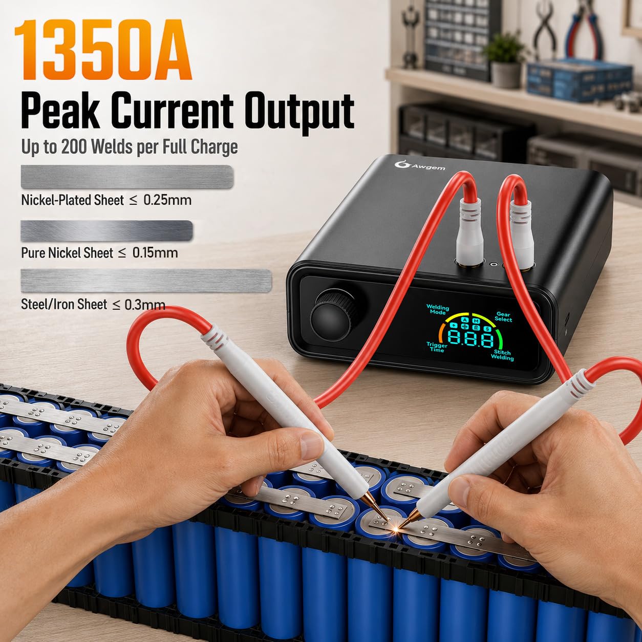 Saldatrice a punti con batteria da 11500 W, 0,1-0,3 mm, portatile, con manopola rotante, 100 marce, modalità auto/pedale, doppio impulso, per riparazione e saldatura di batterie al litio
