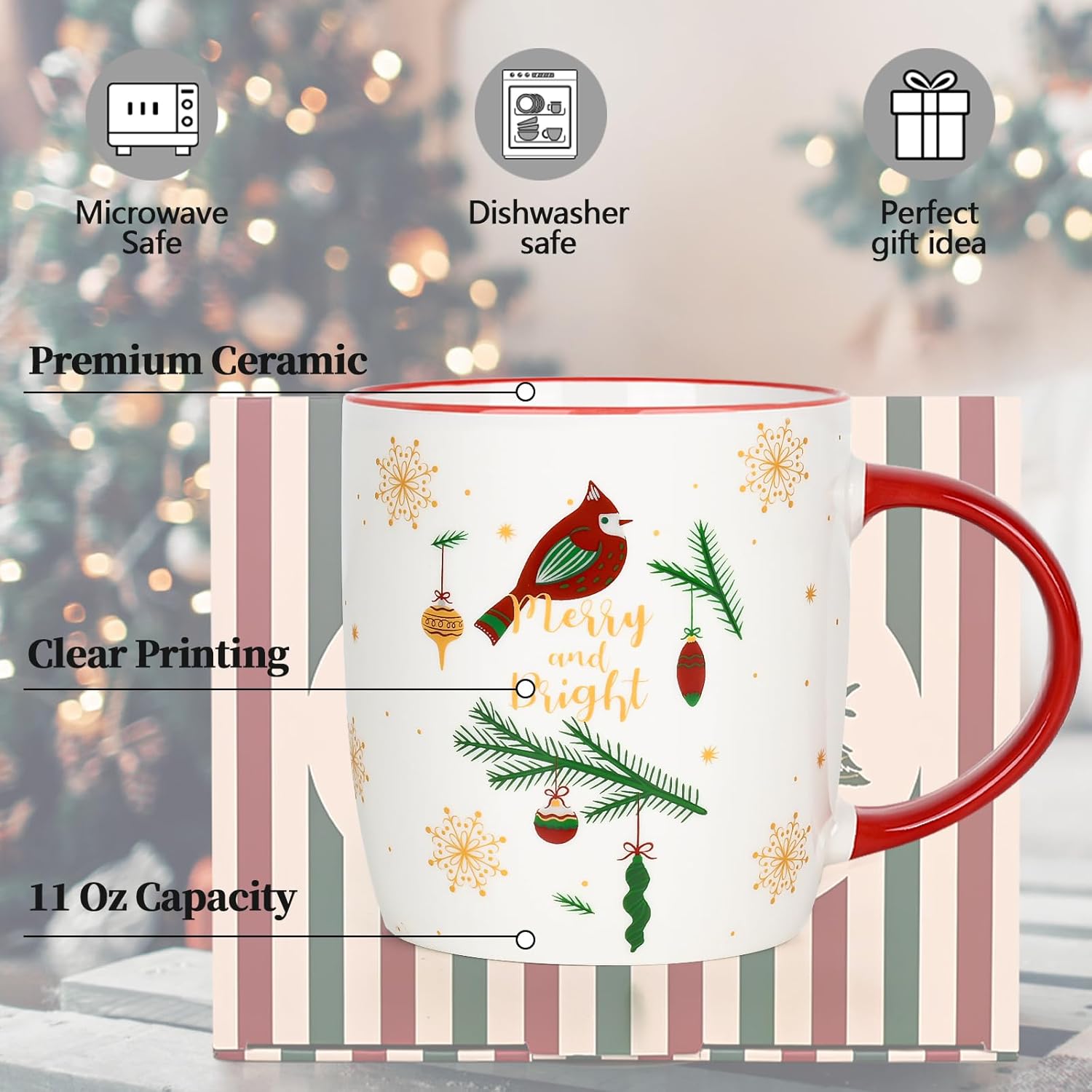 YHRJWN Christmas Coffee Mug Set of 4, Ceramic Tree Mug for Kids Women, Gift Set, Merry Xmas Gifts Ornaments, 11 Oz - Image 5