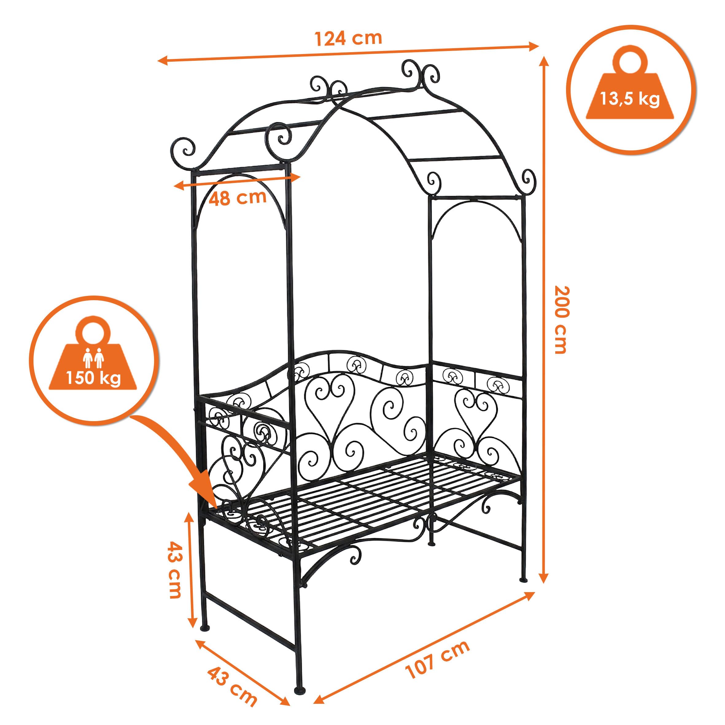 Metalowa ławka do siedzenia z łukiem różanym – 200 x 124 x 48 cm – Outdoor Lounge ławka ogrodowa z różami dekoracja 2-osobowa
