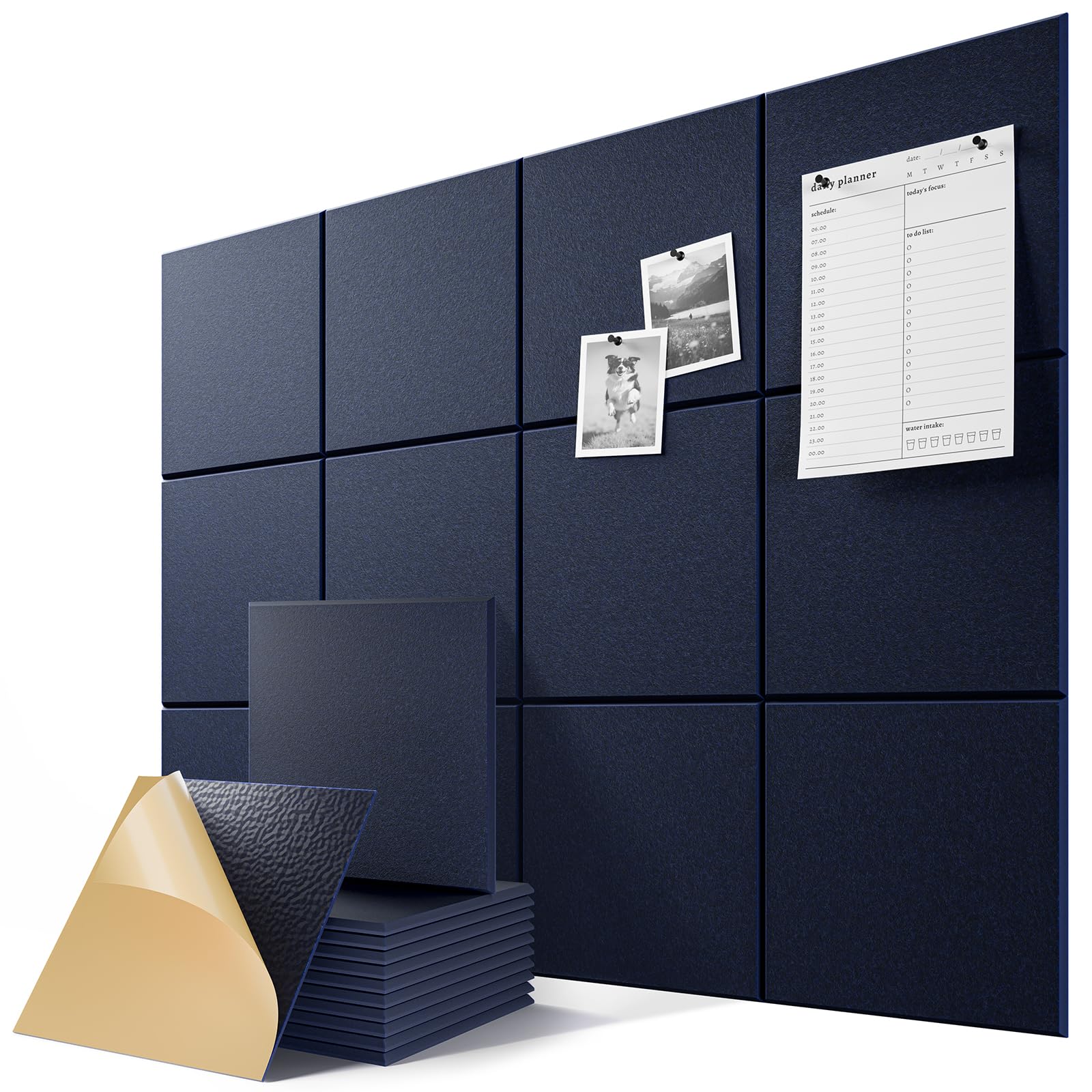 6-Pack Self-Adhesive Acoustic Panels, 12" X 12" X 0.4" High-Density Sound Proof Foam Panels for Walls, 36" x 24" Felt Bulletin Board, Soundproof Wall Panels for Home &amp; Office (Navy Blue)