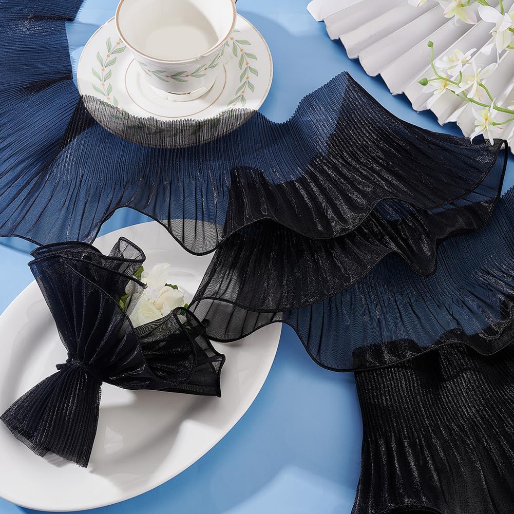 PH PandaHall 7 Yards Ruffle Lace Border, Organza Tulle Fabric Applique Ruffle Pleated Chiffon Trim Lace Fabrics for Christmas Wedding Dress Makeup Party Costume Sewing Curtain Home Decor, Black