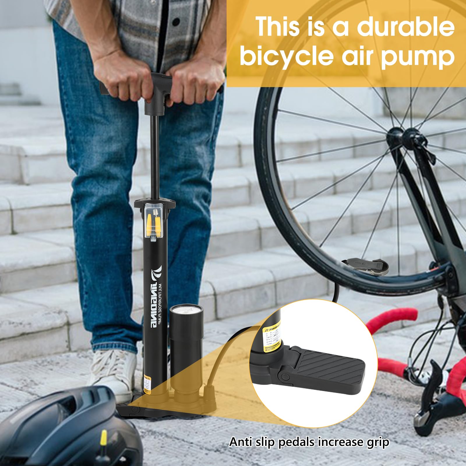Pompka powietrza do roweru – stojąca z manometrem 45 cm, metalowo-żelazny materiał, wysokie ciśnienie 160 psi, dla wyścigowych, e-rowerów i górskich
