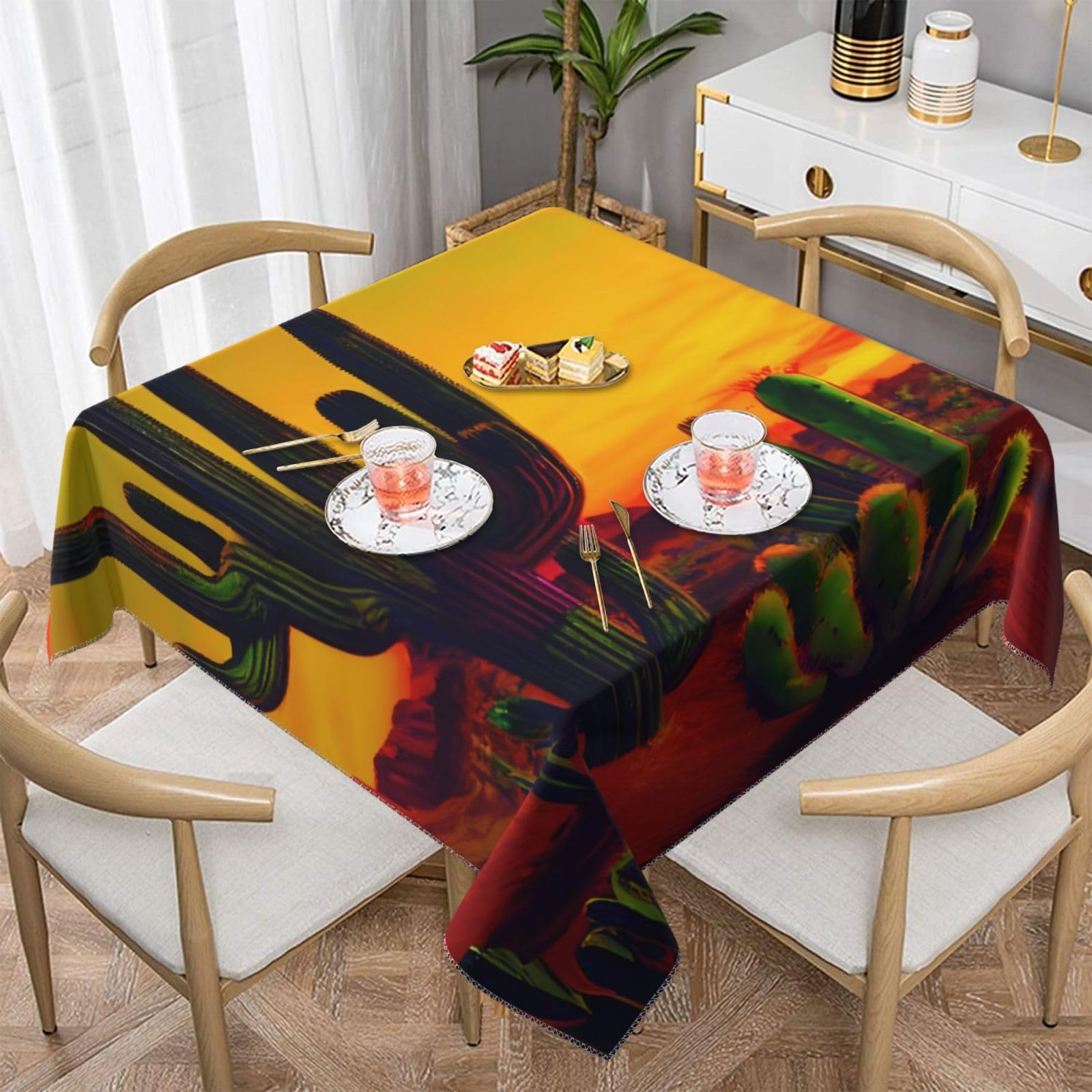 Nappe carrée cactus du désert anti-pli pour décoration de table de salle à manger festive