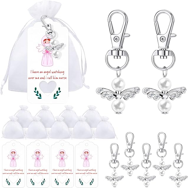Qpout 20 Pieces Angel Keychains, With 20pcs Organza Bags And 20pcs Hanging Tags, Nurse's Day Baby Shower Girl Party White Angel Gifts