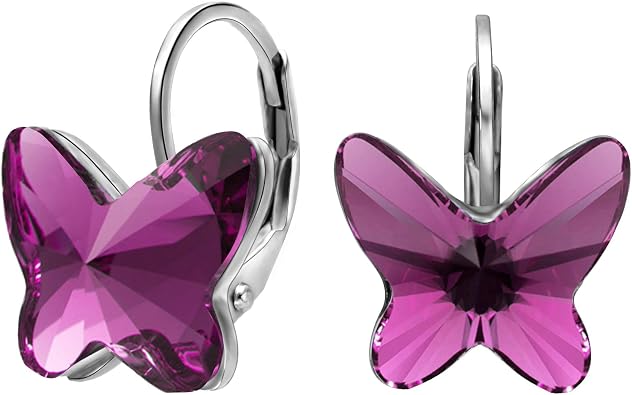 EleQueen 925 Sterling Silver Butterfly Love Hoop Huggie Stud Earrings Made with Austrian Crystals for Women, Valentines Day/Mothers Day/Christmas Jewelry Gift