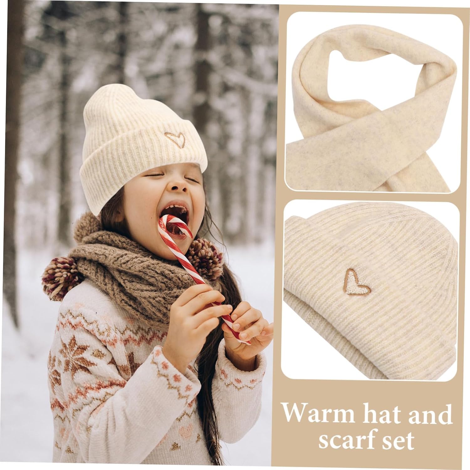 Veemoon 1set Warm Hat and Scarf for Little Girls Embroidered Heart Design Soft and Comfortable Accessories for and Preschool