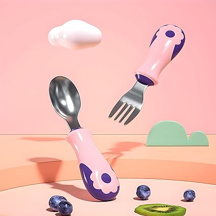 Stainless Steel Training Cutlery Set Spoon & Fork with Portable Storage Box, BPA-Free, Safe Self-Feeding Utensils for Toddlers & Babies, Ideal for Home, School Lunches and Picnic (Pink)