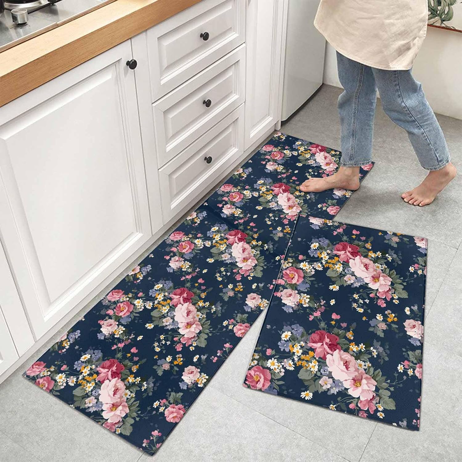 Kitchen Mats for Floor Pastoral Rose Gradient Pink Washable Non Slip Kitchen Rugs 2PCS, Farmhouse Floral Navy Blue Absorbent Standing Mats for Sink Bathroom Office Living Room 15.7x23.6in+15.7x47.2in