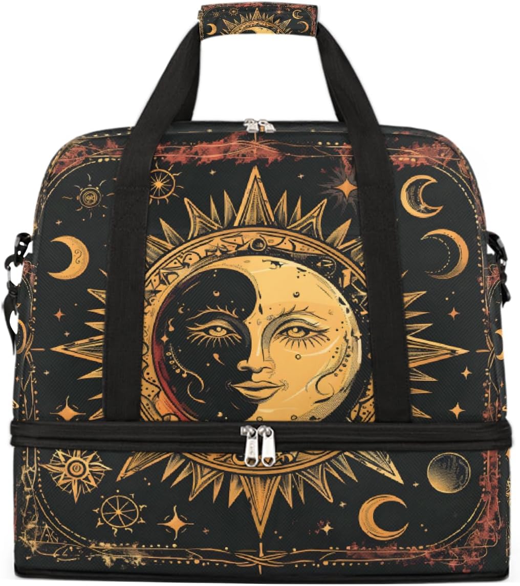 Ethnic Retro Sun Moon Large Weekender Bag with Shoe Compartment Travel Duffel Bags for Women Carry On Hospital Overnight Bag Foldable Personal Item Travel Bags Tote Gym Sports Airplanes