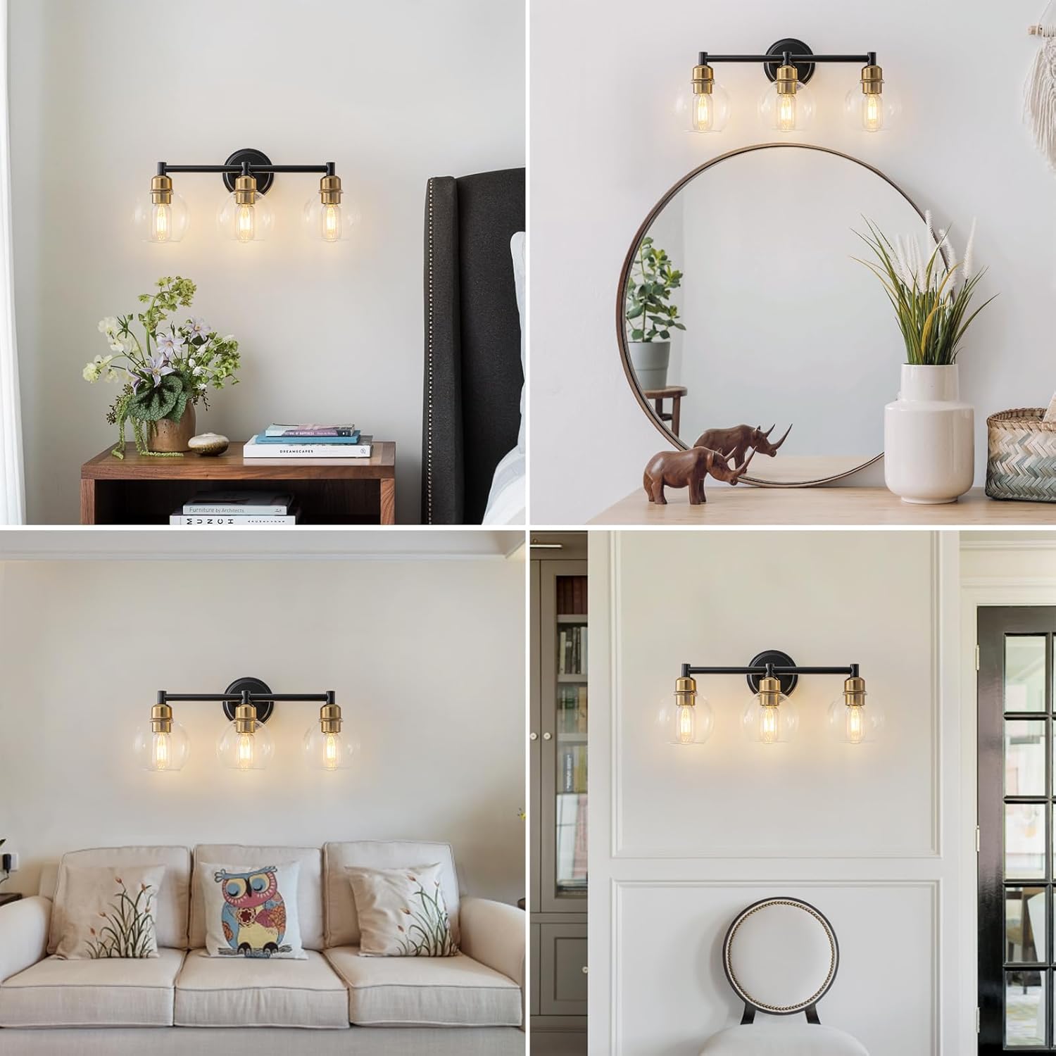 Bathroom Light Fixtures,3-Light Modern Bathroom Vanity Light,Black and Gold Wall Sconce with Clear Glass Globe Shades,Adjustable Brightness Wall Lights for Kitchen,Bedroom,Hallway,Living Room