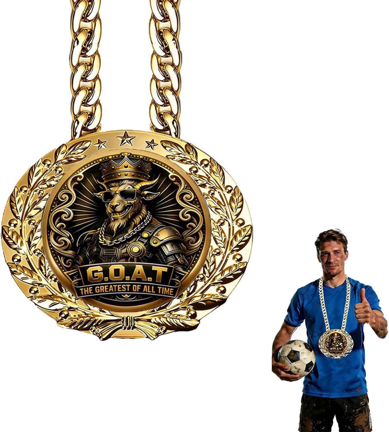 6" Big Gold Awards Medal Goat Trophy Necklace Champion Chain | Sports Award for Football Fantasy Basketball Soccer Sports Achievements Funny Winner MVP Turnover Chain Athlete Prize Gifts