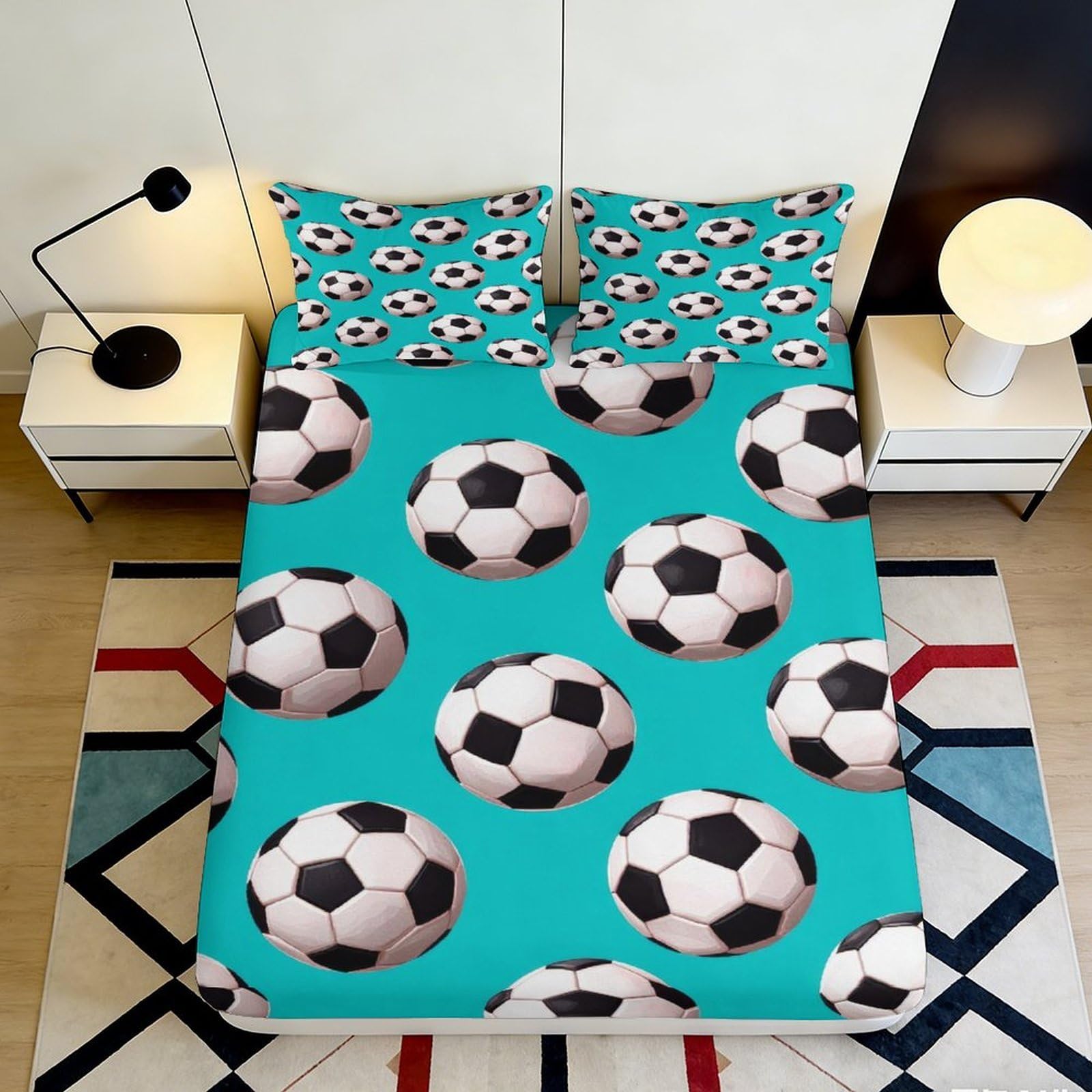 3D Printed Soccer Ball Pattern Fitted Sheet Microfiber Anti-Slip Easy Care Turquoise Mattress Cover for Bedroom Dorm Decor 120x200x25cm