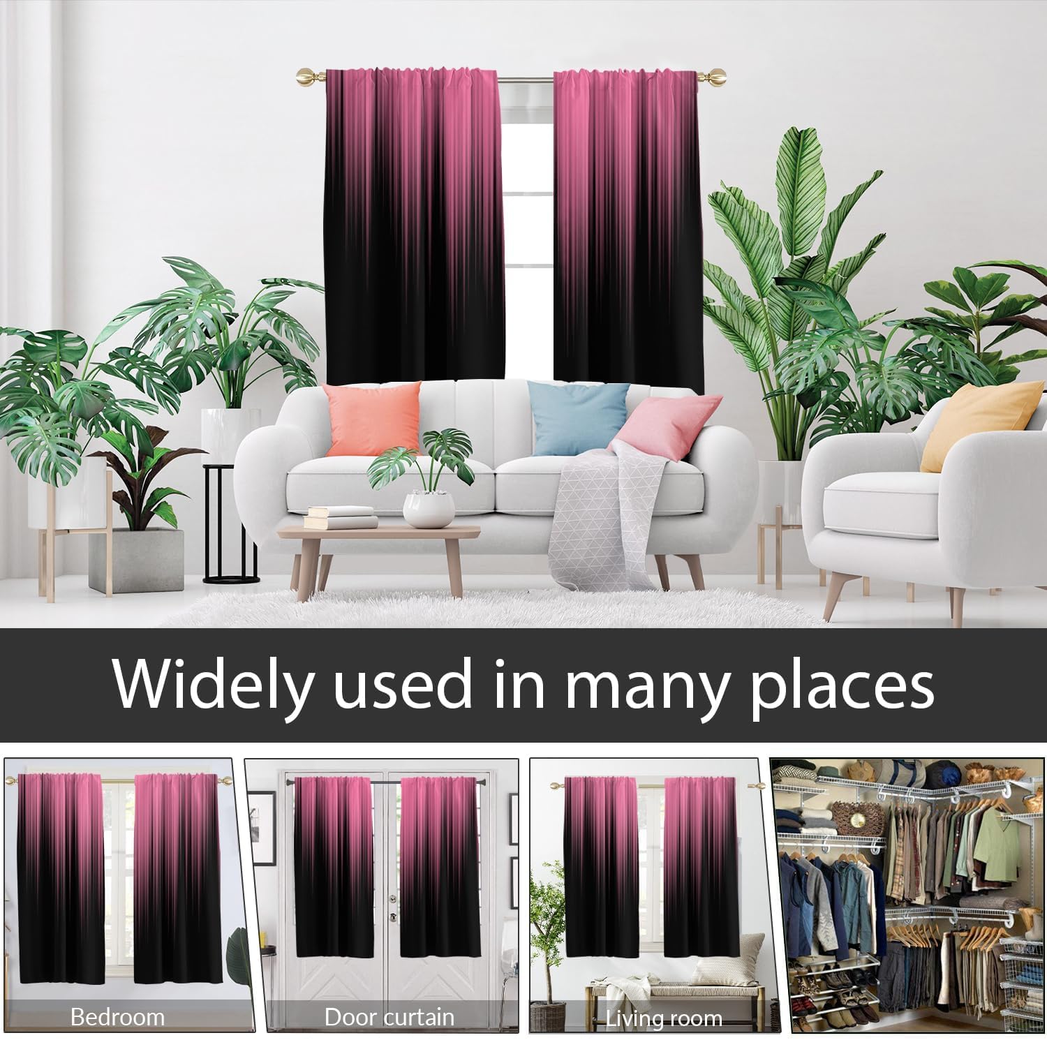 AAtter Pink Window Curtain Black Cute Ombre Gothic Goth Modern Girls Girly Abstract Aesthetic Cool Anime Living Room Bedroom Rod Pocket Drapes Treatment Fabric 1 Pair Home Decor, 42" W x 63" L, Bright
