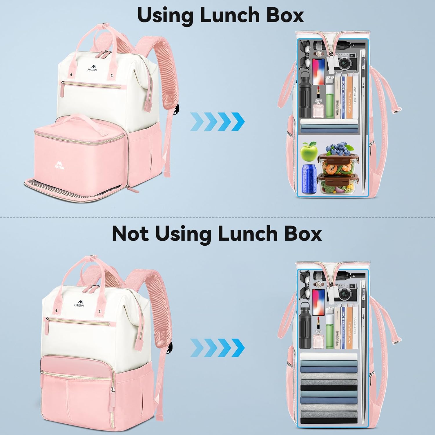 MATEIN Lunch Backpack for Women, 15.6 Inch Work Backpack with Laptop Compartment, College Computer Lunchbox Backpacks with Insulated Lunch box Meal Prep Bag for Teens Office Commute College, 2pcs Set