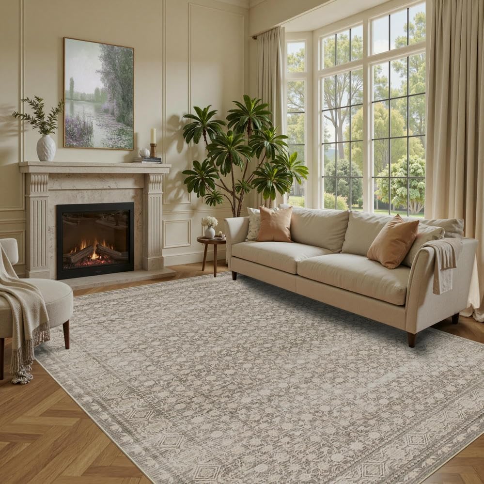Area Rugs 5x7, Washable Rugs for Living Room, Vintage Boho Rug for Office, Dining Room, Kids Room and Farmhouse, Durable Low Pile Non-Slip Area Rug for High Traffic Areas(Apricot)