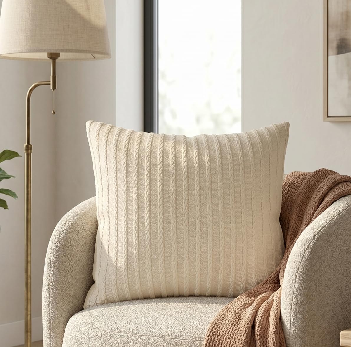SanVia Cotton Throw Pillow Covers 20x20 – Handwoven Jacquard Texture, Fade-Resistant, No Pilling – Hidden Zipper, Decorative Cushion Cover for Sofa, Couch, Bed – Insert Not Included (Farmhouse, White)