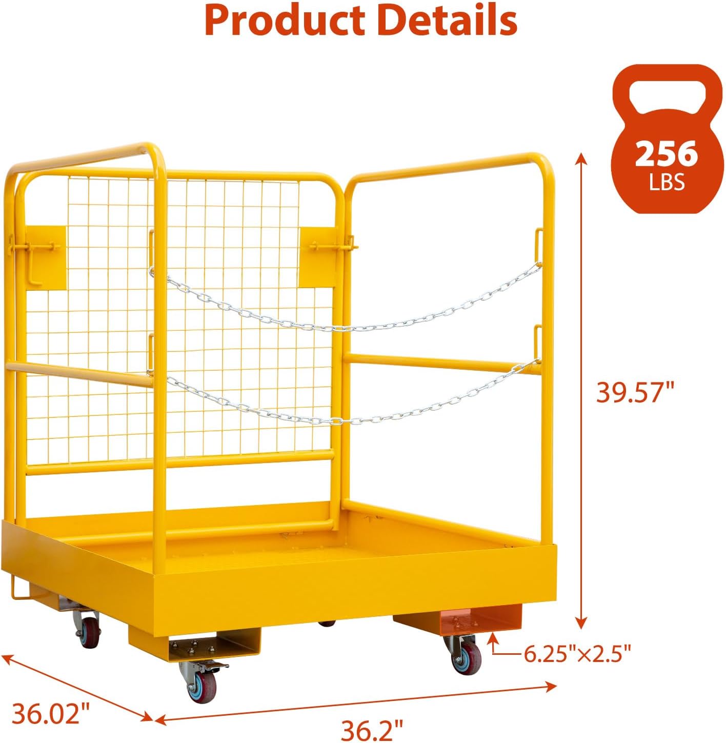 Forklift Safety Cage, Aerial Rails 36 in x 36 in Heavy Duty Steel Forklift Safety Work Platform with 4 Universal Wheels Fold Down Lift Basket 1200 LBS Capacity