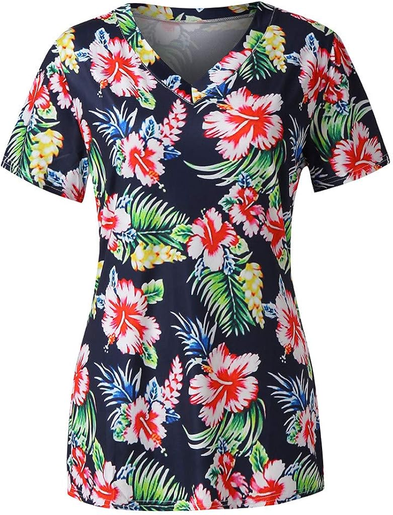 iYYVV Womens Summer Flower Stripe Printed V Neck Short Sleeve Shirt Tunic Tops Blouse at  Women’s Clothing store