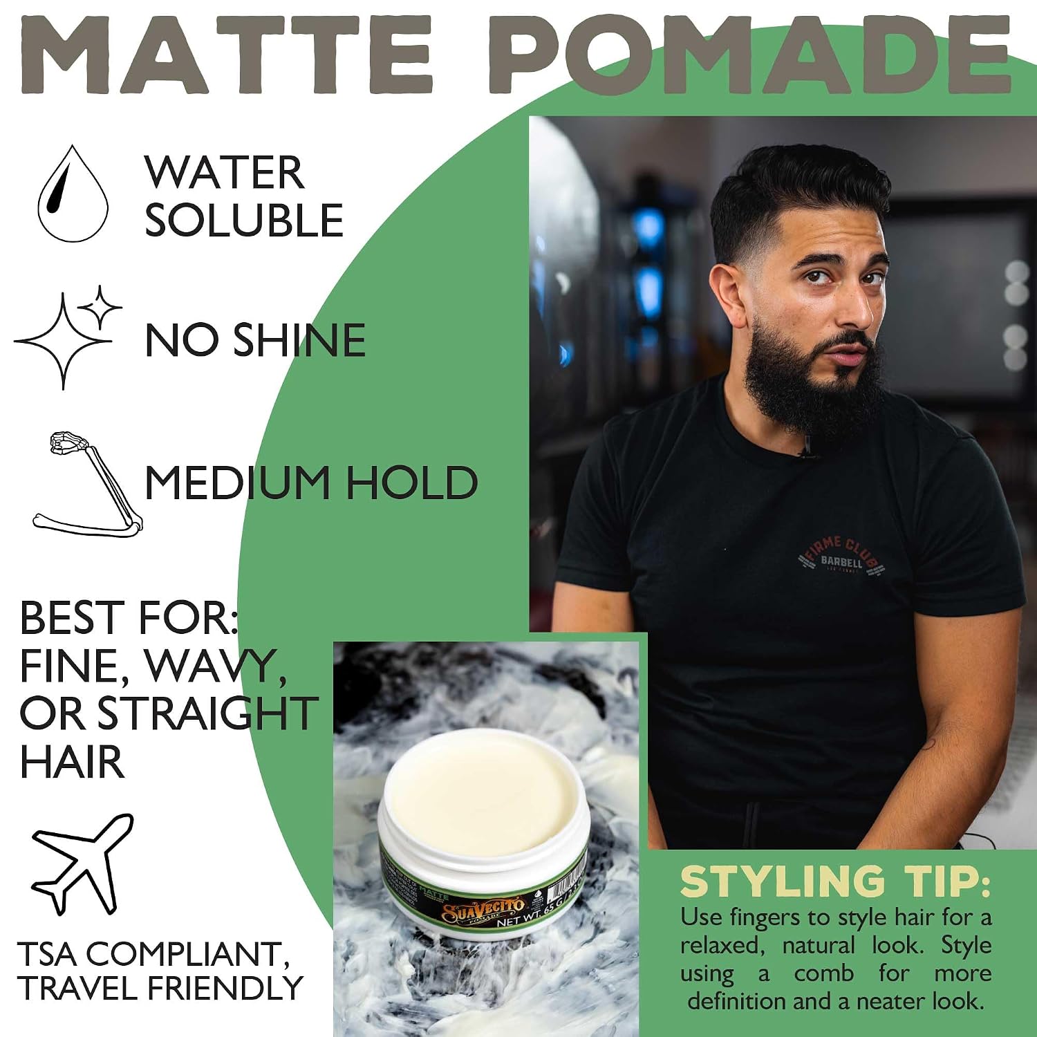 Suavecito Pomade Matte (No Shine) Formula 2.3 oz Travel Size, 1 Pack - TSA Compliant- Medium Hold Hair Pomade For Men - Matte Hair Paste For Natural Texture Hairstyles