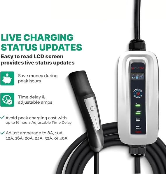 Portable Adjustable 40A Level 2 EV Charger, NEMA 14-50, NACS 240V, 26ft