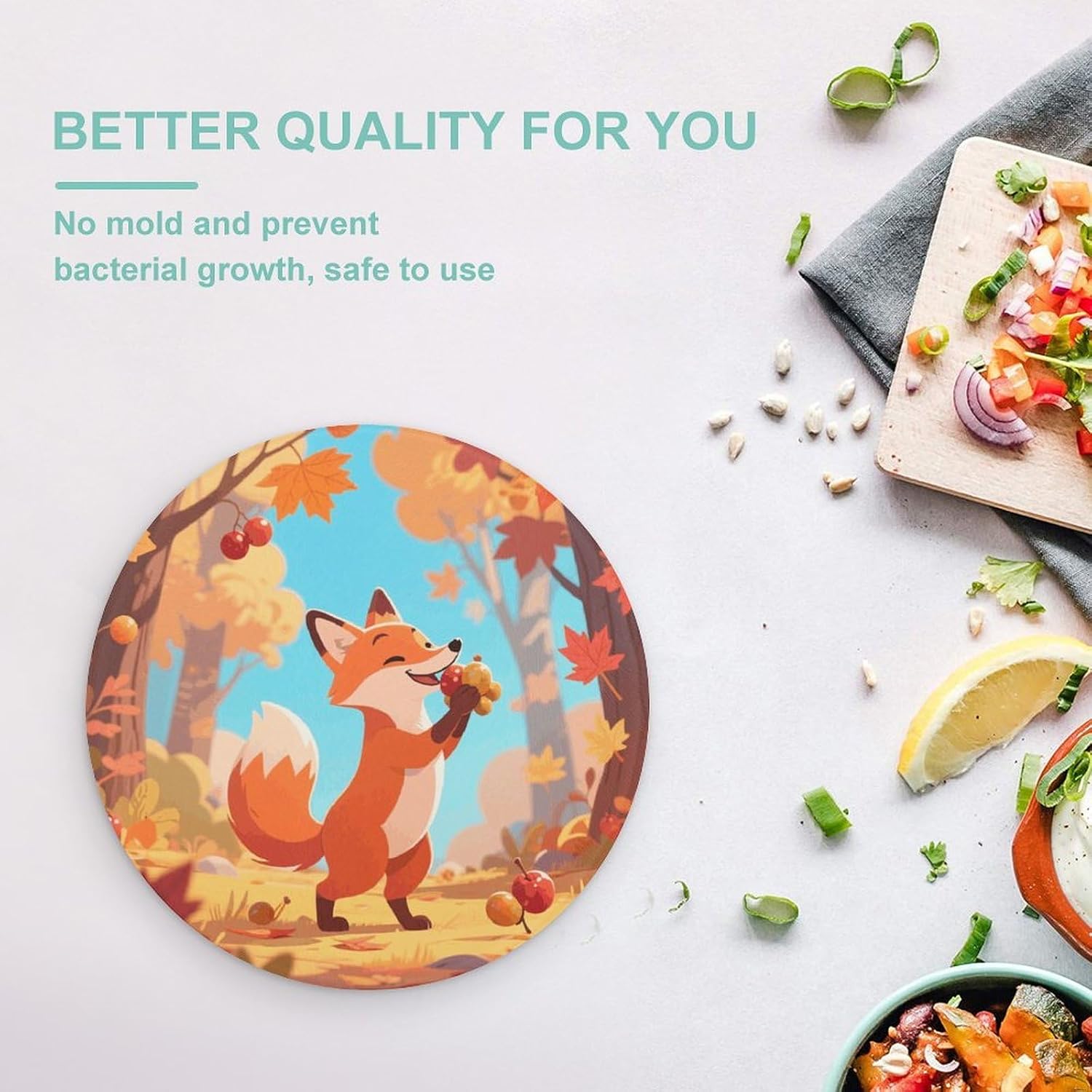Autumn Leaves And Fox Tempered Glass Cutting Board Sturdy Chopping Block Personalized Large Butcher Block Lightweight Round Chopping Mat for Kitchen Non Slip