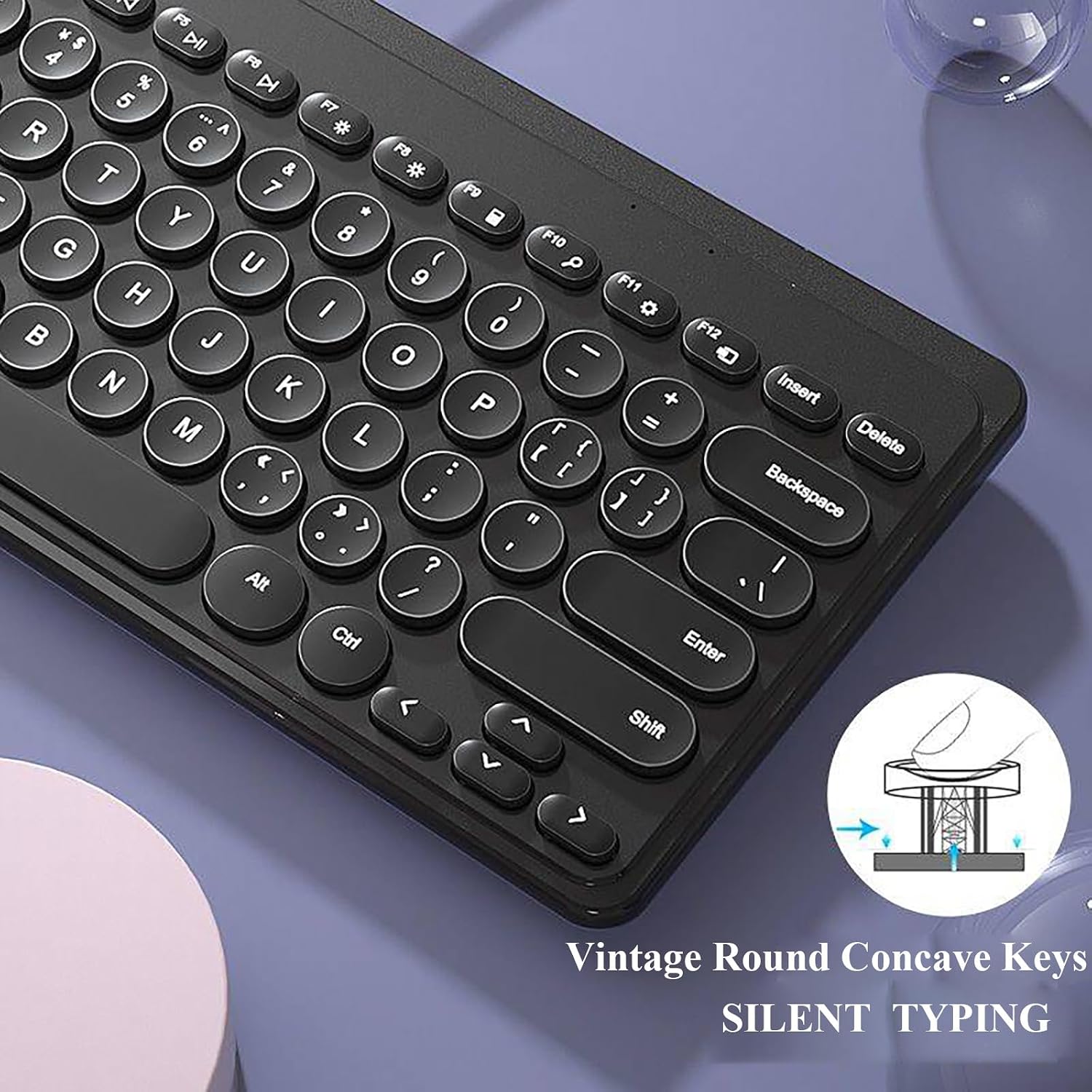 Keyboard and Mouse Combo,2.4G Wireless 79 Cute Round Keys Small Keyboards Silent and 1600 DPI Optical Mice Set (Black)
