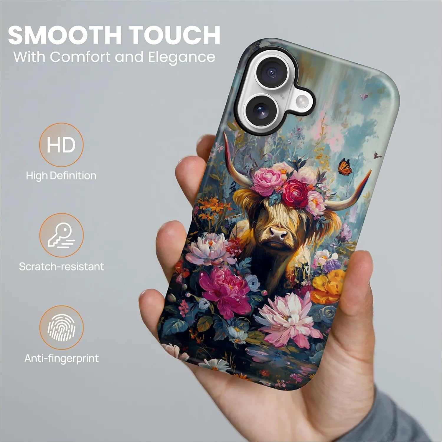 CARLOCA Custodia protettiva lucida per iPhone 17 compatibile con Magsafe Full Body per ragazza ragazzo antiurto ricarica magnetica motivo arte rococò colorata mucca delle Highland fiori farfalla