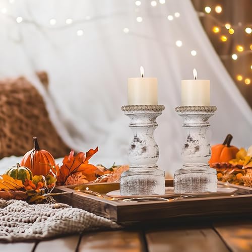 Miniatura 5 de Soporte de vela para vela de pilar, juego de 2, soporte de vela de madera de granja, soporte de vela de madera rústico, candelabros de madera Blanco