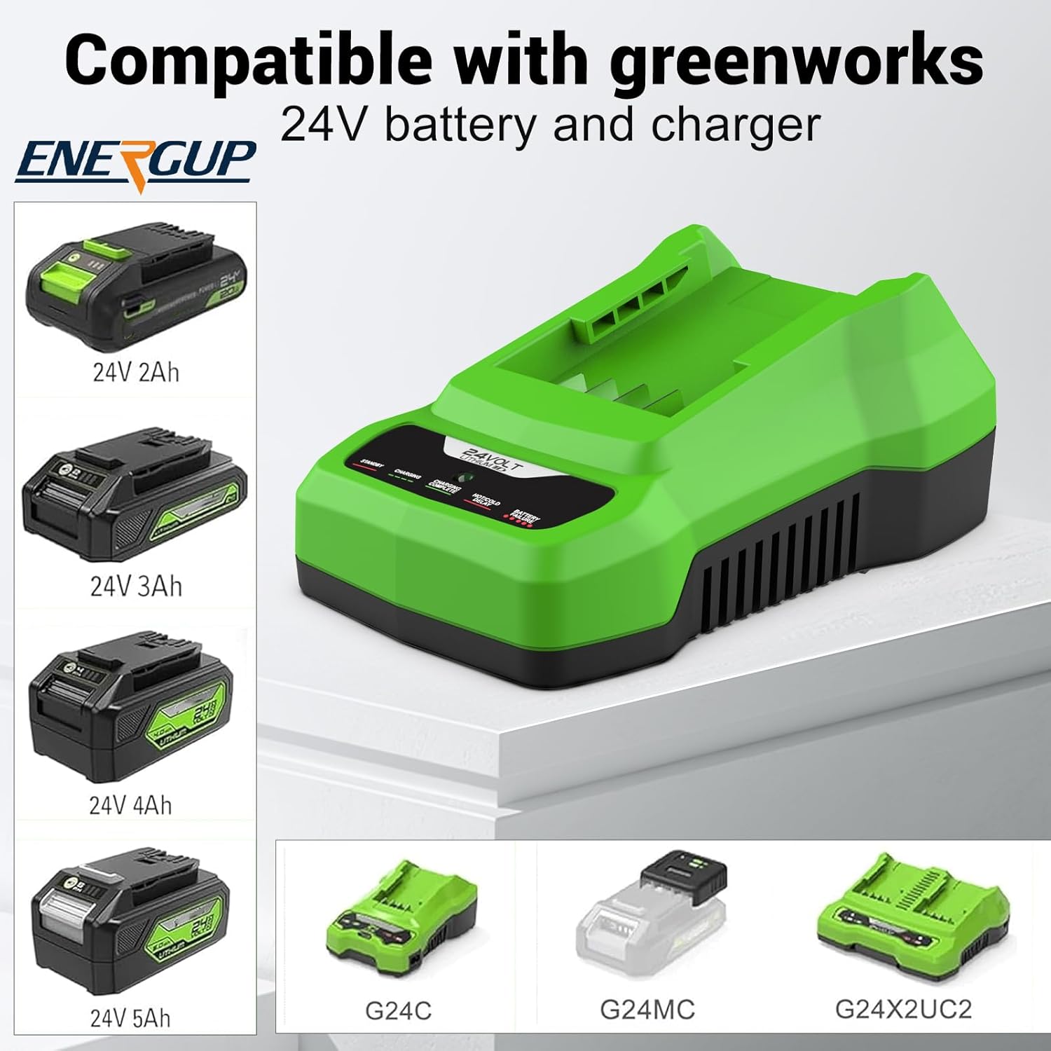 energup 2Pack 24Volt Replacement Greenworks 24V Battery 3.5A, 29842 29852 29322 BAG709 BAG710 20352 22232 2508302 for 2X24V Batteries with 1Port 24Volt greenworks Battery Charger