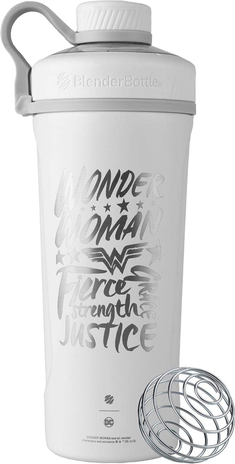 BlenderBottle Justice League Radian Shaker Cup Insulated Stainless Steel Water Bottle With Wire Whisk, 26-Ounce, Wonder Woman