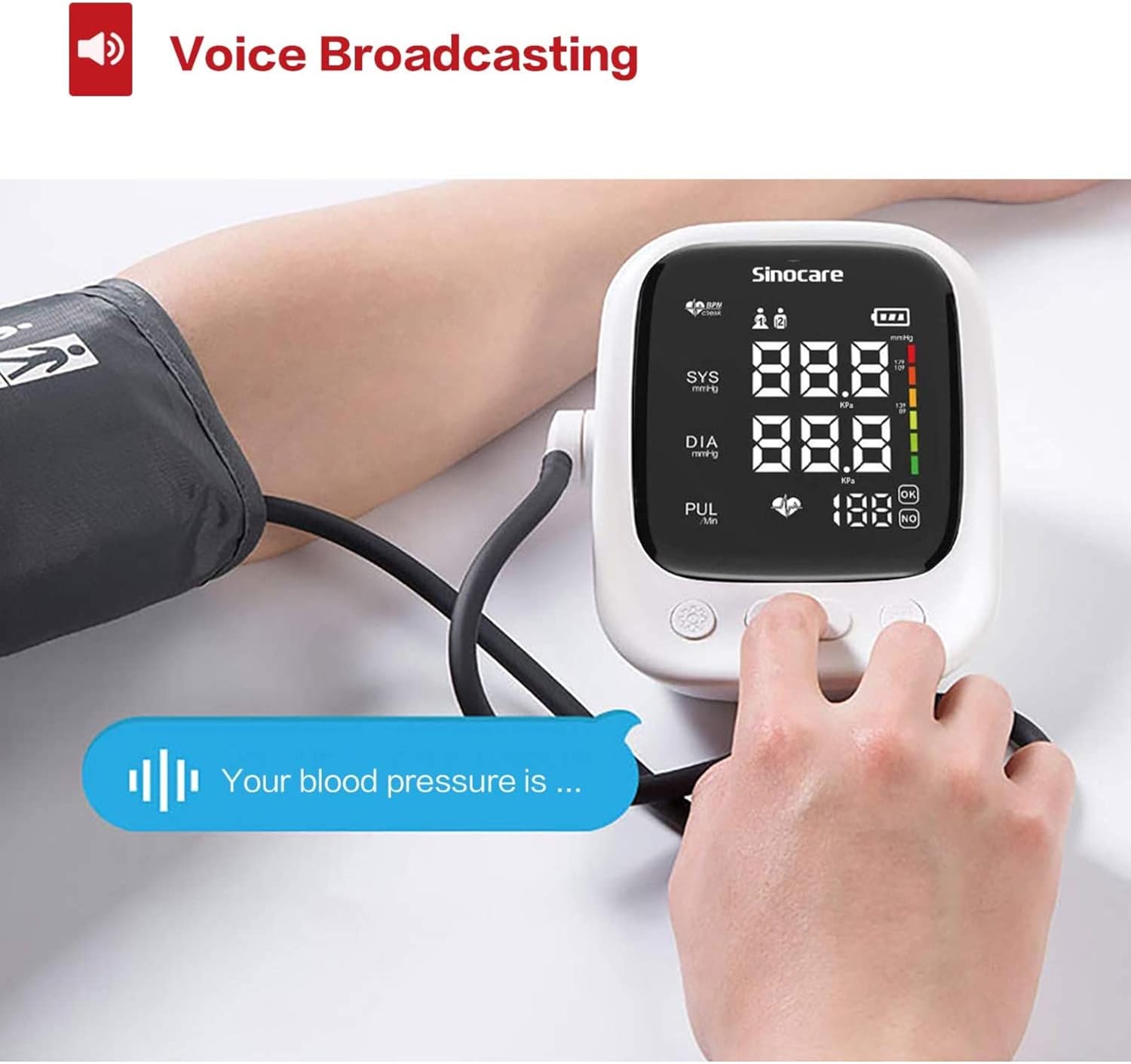 Merilnik krvnega tlaka prikazuje odčitke z glasovnim mehurčkom, ki nakazuje »Vaš krvni tlak je ...«