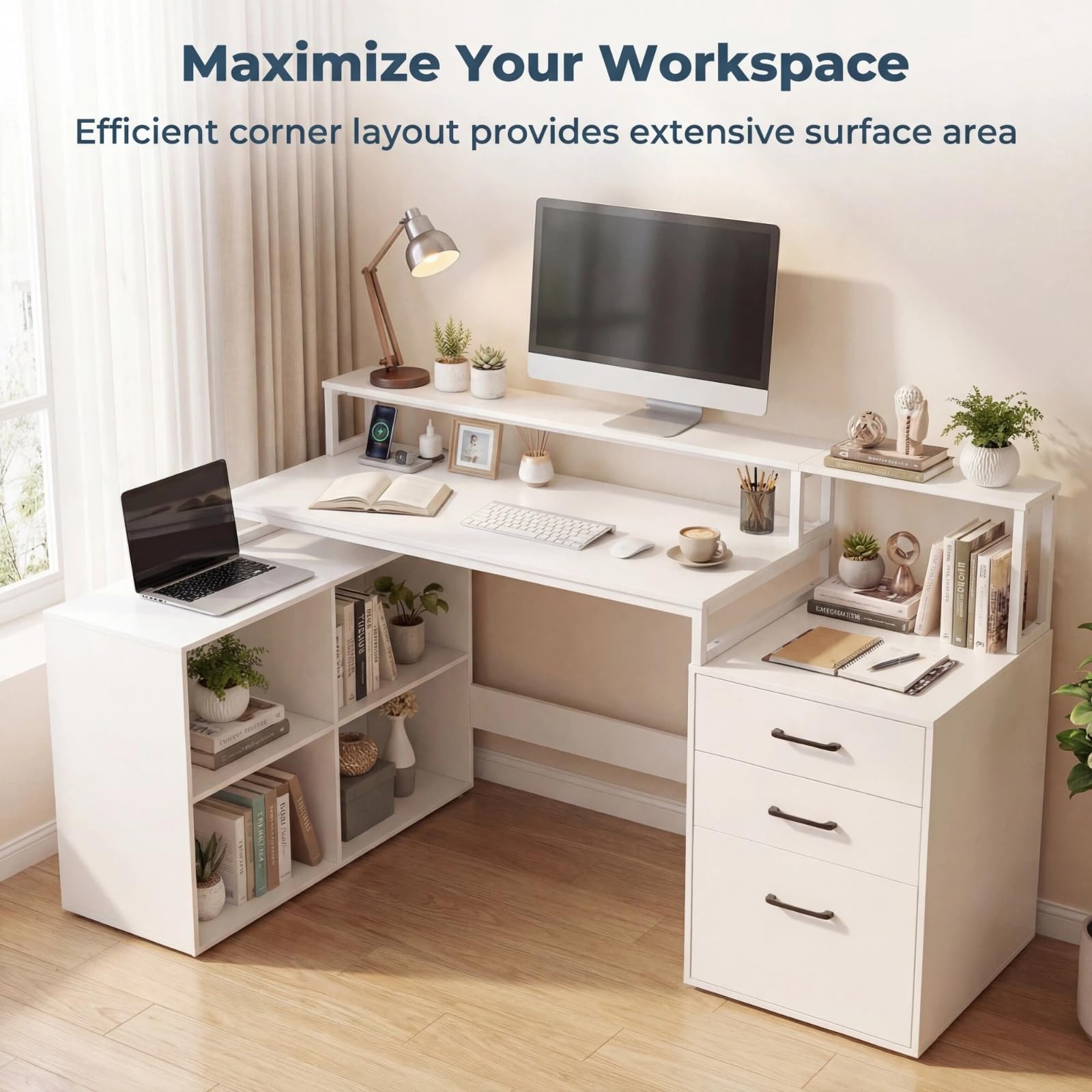 KOMFOTTEU L-förmiger Eckschreibtisch mit Ladestation, 166 x 90 cm, Gaming-Schreibtisch mit Schubladen, Computertisch und Platz für den Drucker, für Arbeitszimmer, Büro und Schlafzimmer, weiß
