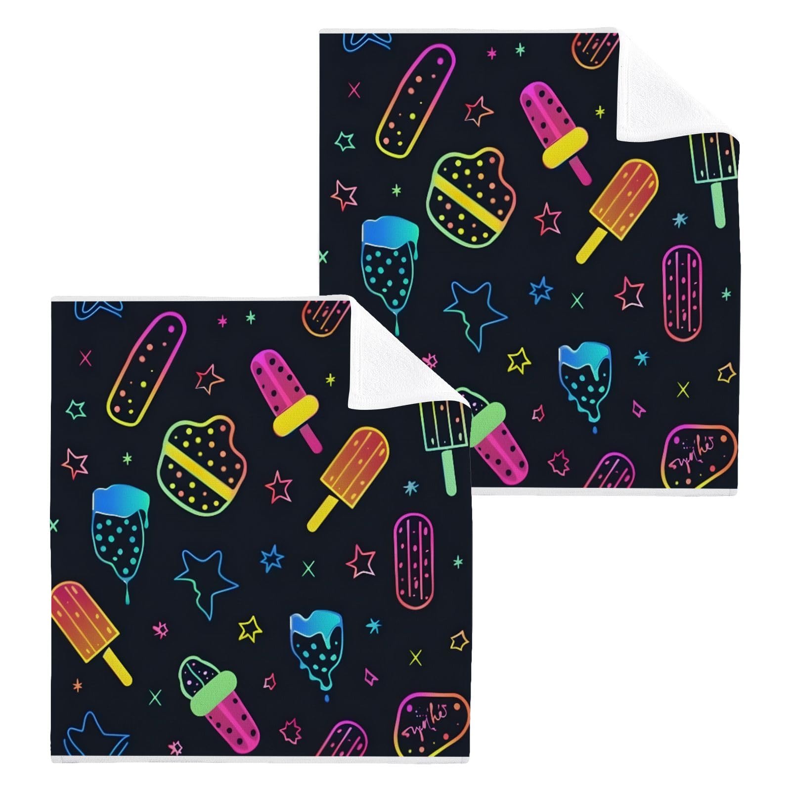 ALAZA Wash Cloth Set 100% Cotton Fingertip Towels Face Cloths Sets Ice Cream Ice Pop Highly Absorbent Soft Feel Set of 2