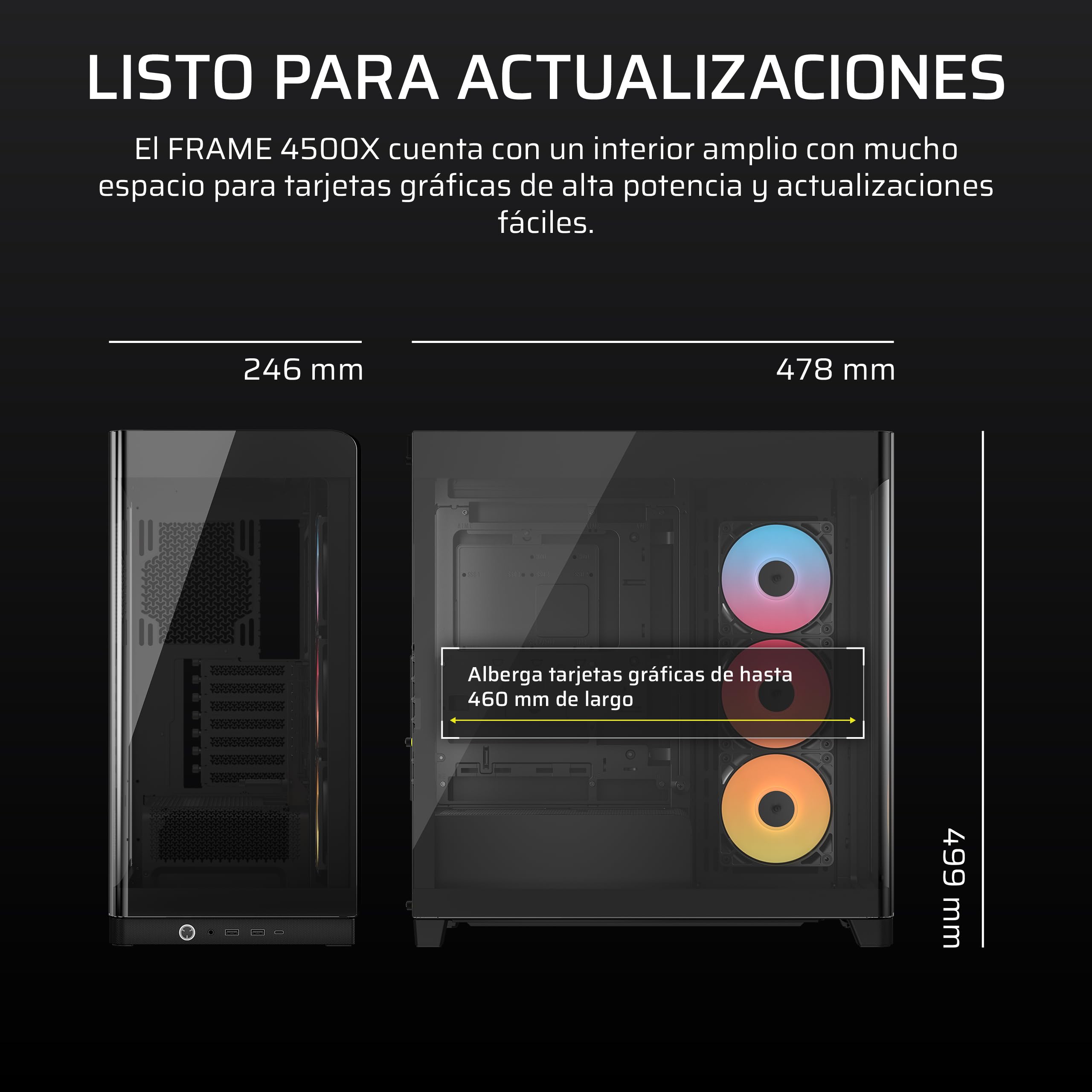 CORSAIR Frame 4500X RS-R ARGB Caja de PC Semitorre con Cristal Panorámico – Sistema de Montaje de InfiniRail, Capacidad para Dos radiadores de 360 mm, Incluye 3 Ventiladores RS120R – Negro