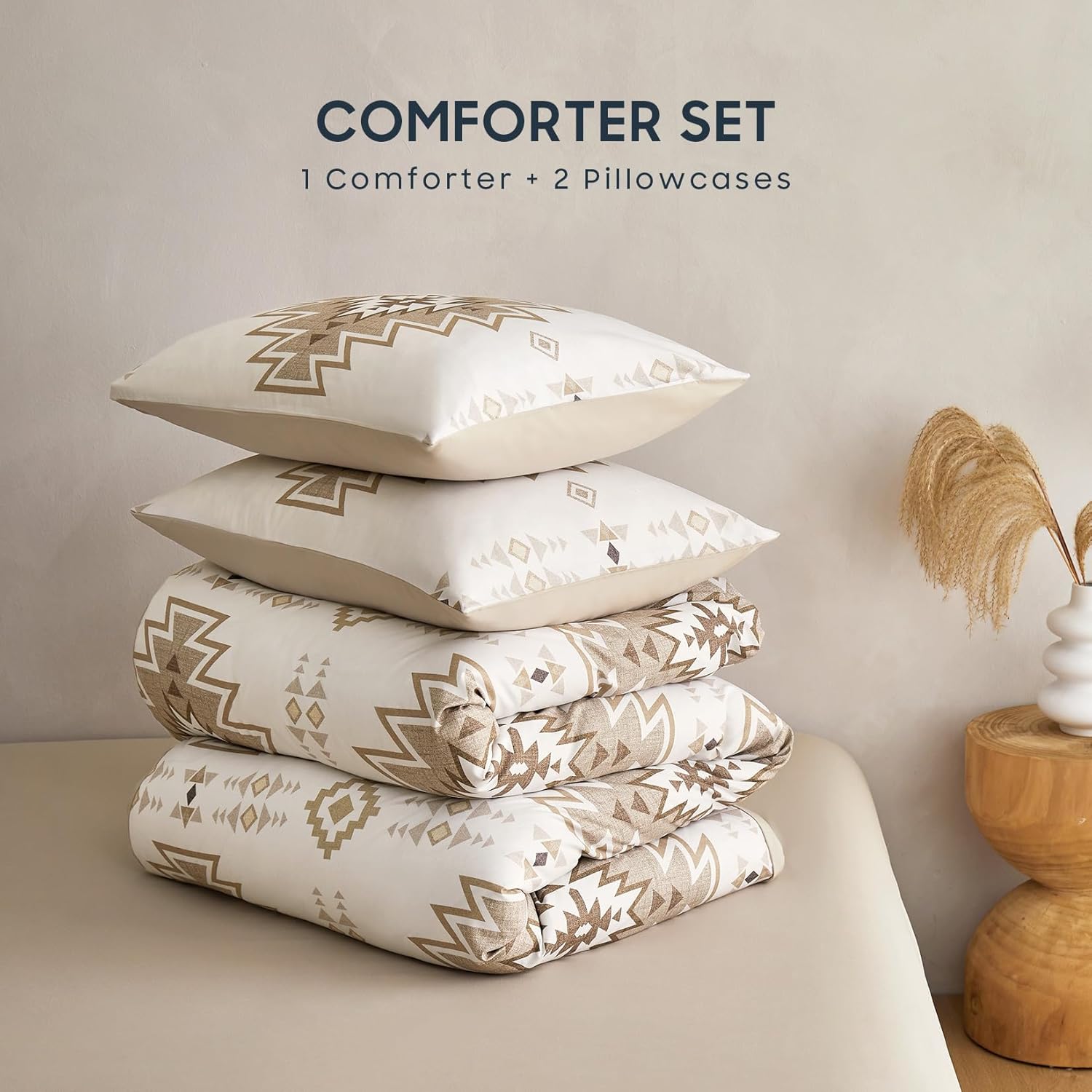 Wake In Cloud - Western Comforter Set, Boho Southwestern Rustic Farmhouse Style with Aztec Geometric Block Pattern, Soft Lightweight Bedding, 3 Pieces, Taupe Beige, Queen Size - Image 2